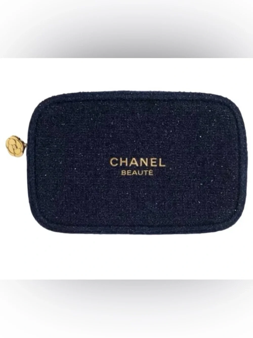CHANEL Navy Blue Tweed Beaute cosmetic bag with Gold Logo